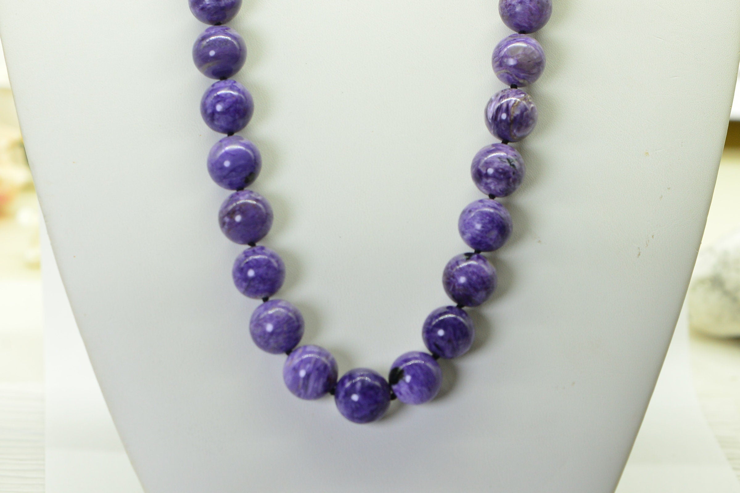 Russian Charoite 14mm Round Beads Knotted on Black Silk Cord 22 inch Necklace Sterling Silver Large Beads Necklace Purple Gemstone