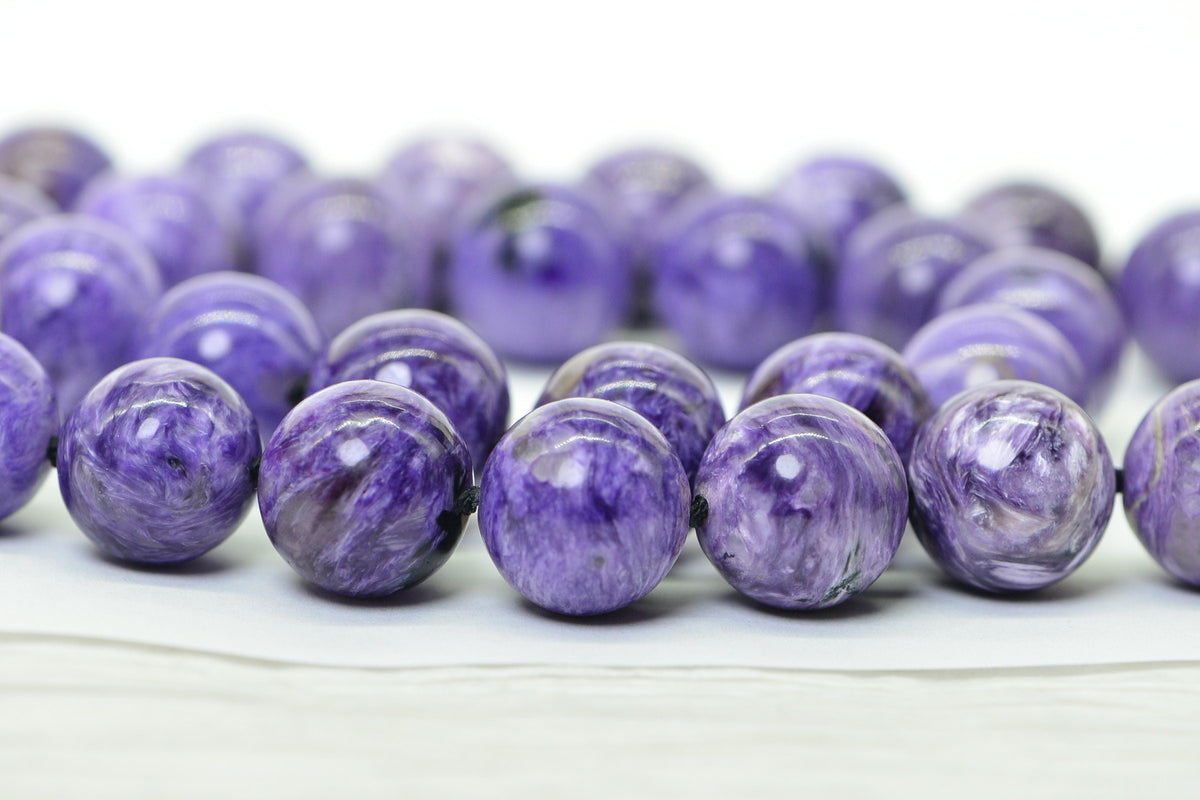 Russian Charoite 14mm Round Beads Knotted on Black Silk Cord 22 inch Necklace Sterling Silver Large Beads Necklace Purple Gemstone