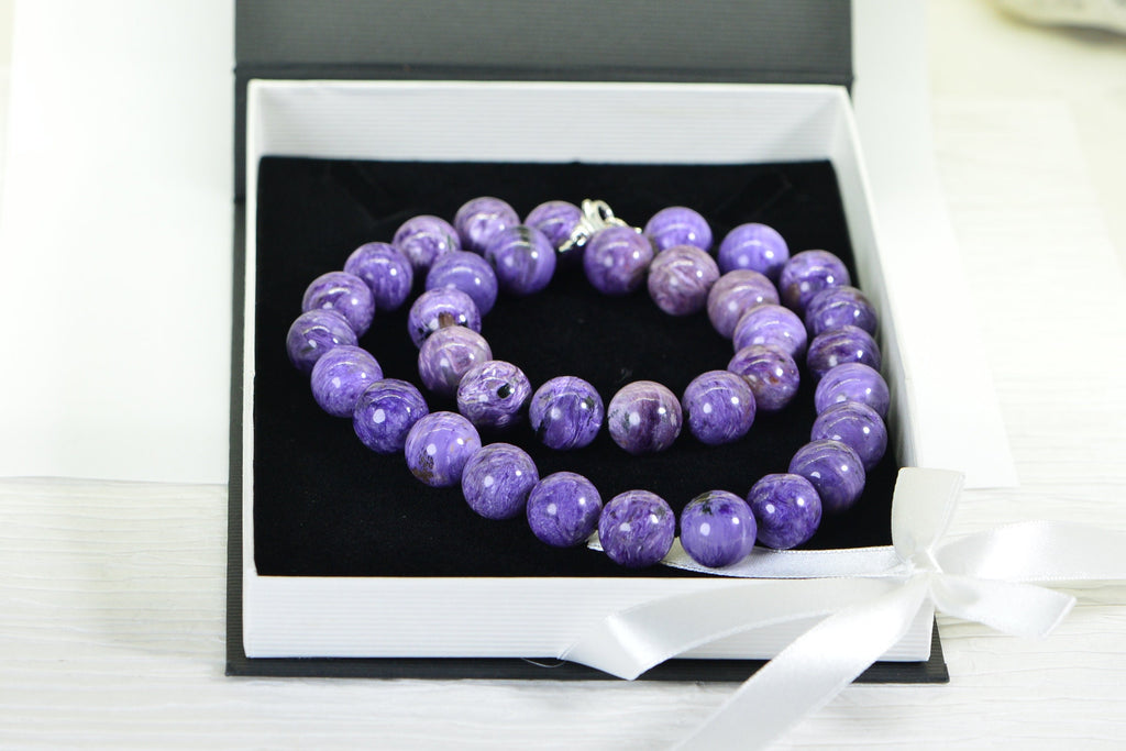 Russian Charoite 14mm Round Beads Knotted on Black Silk Cord 22 inch Necklace Sterling Silver Large Beads Necklace Purple Gemstone