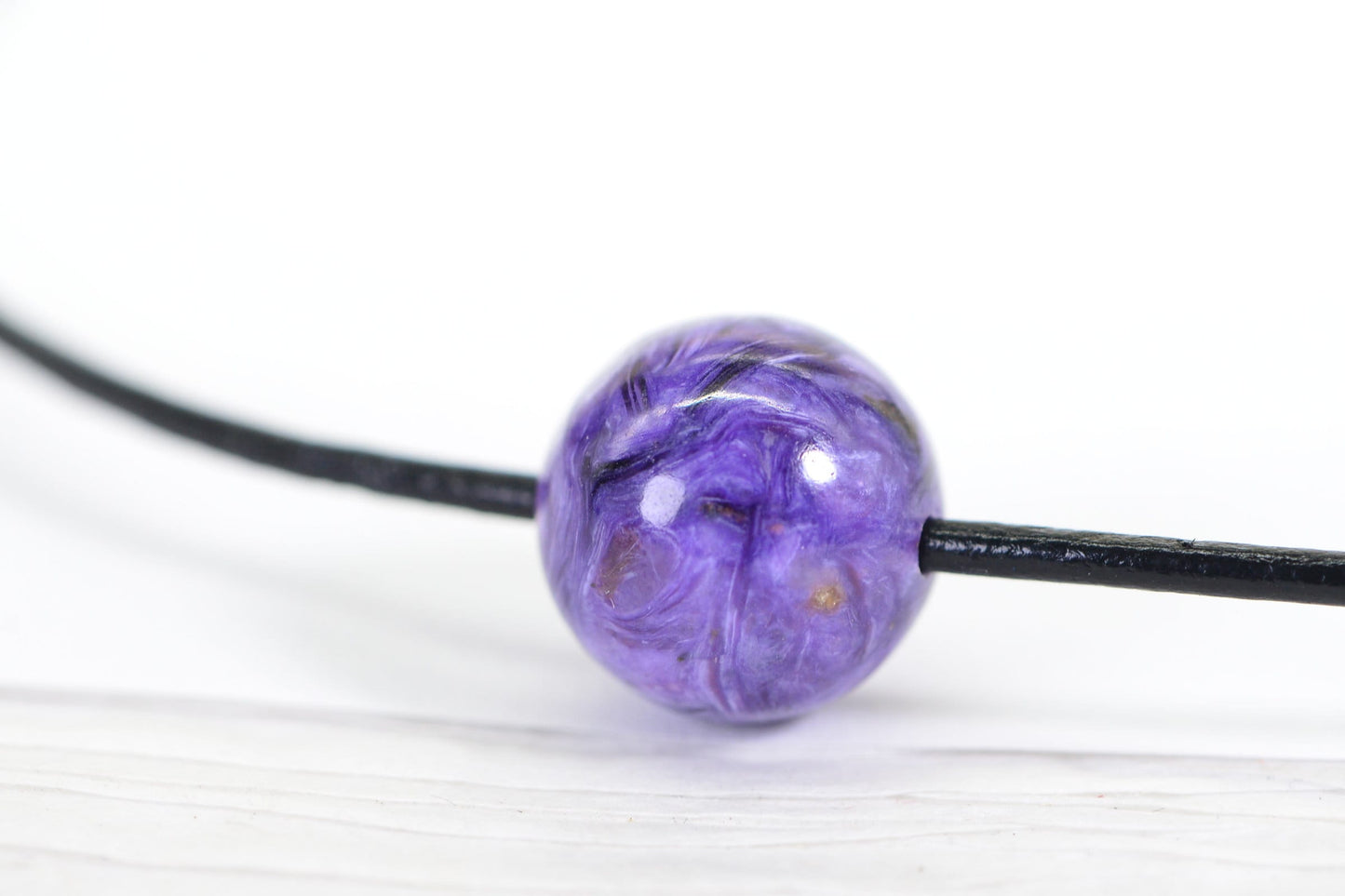 Charoite Gemstone Leather Necklace, Sterling Silver Clasp