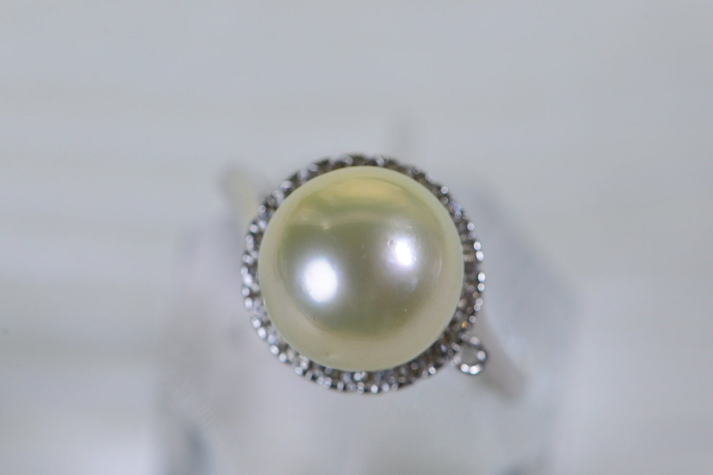 South Sea Pearl Ring: 14K White Gold Over Sterling Silver, Halo Diamond Style, 11.5mm