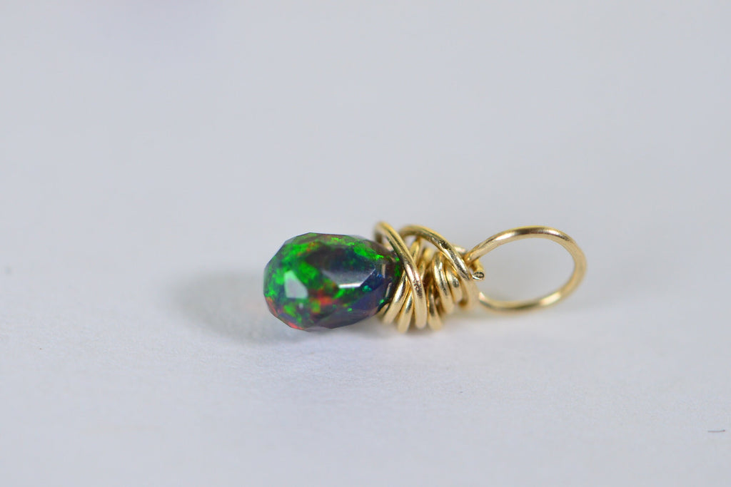 Black Opal Birthstone Charm: 14K Gold Filled Wire Wrapped Pendant