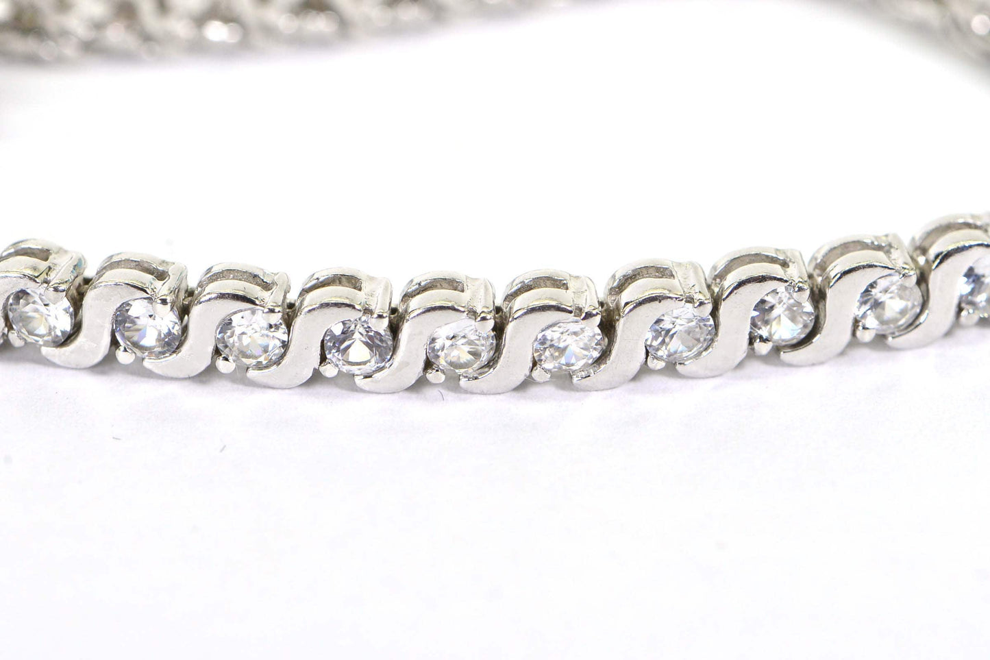 Cubic Zirconia Tennis Bracelet: Sterling Silver Heart Charm, Vintage Estate Jewelry