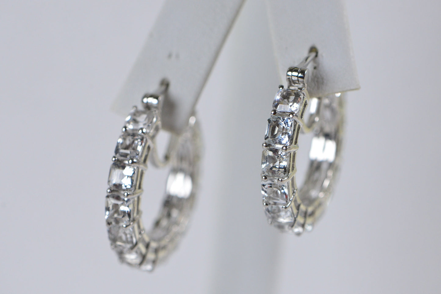 White Topaz Hoop Earrings: Sterling Silver Cushion Cut