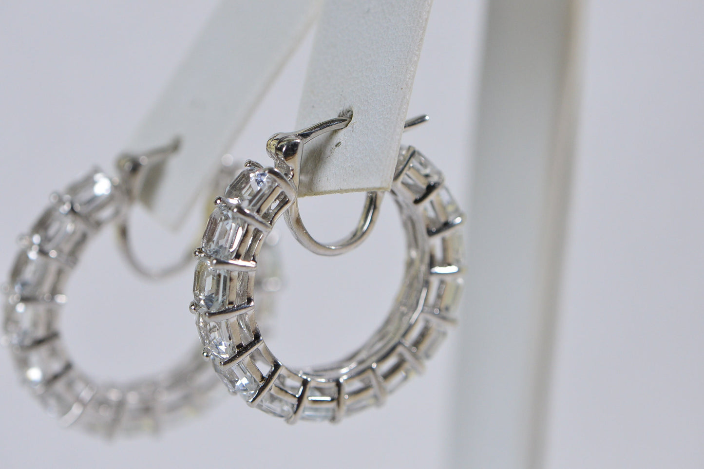 White Topaz Hoop Earrings: Sterling Silver Cushion Cut