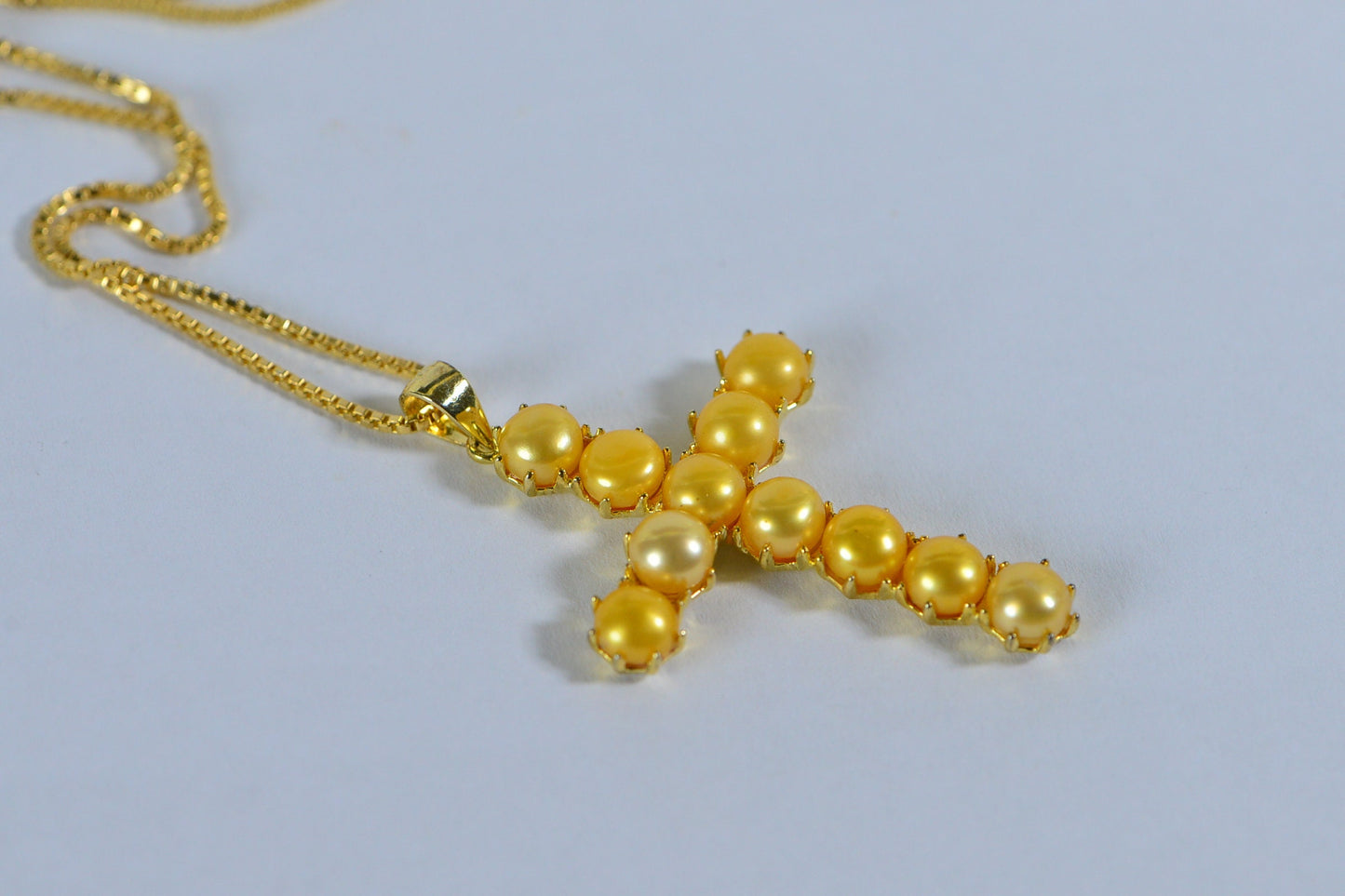 Golden Pearl Cross Pendant: 14K Gold Vermeil Sterling Silver