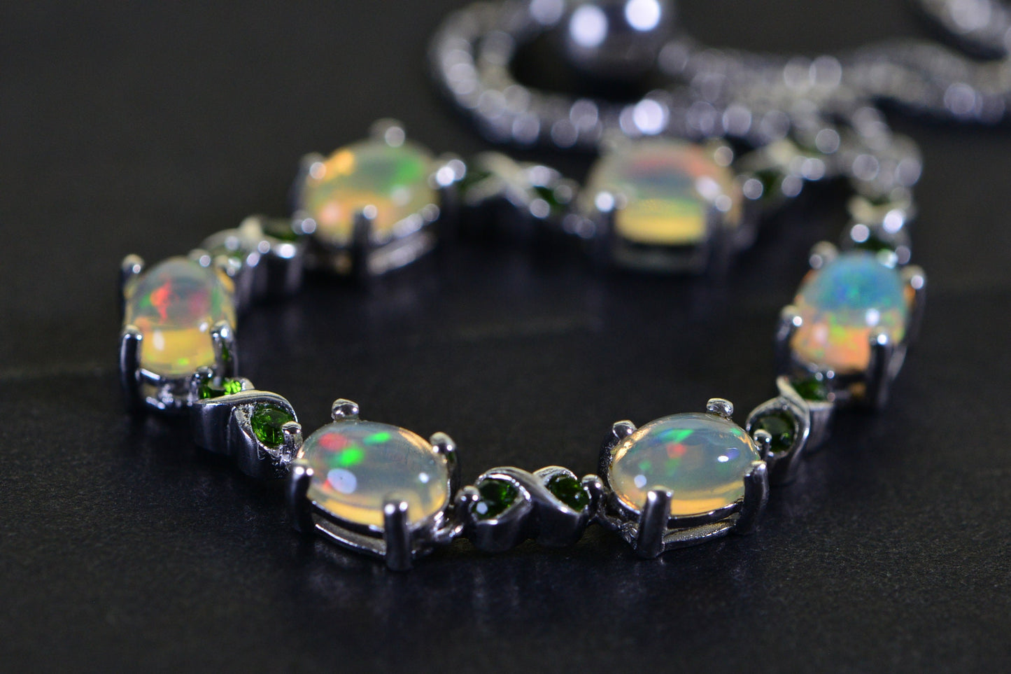Ethiopian Welo Opal Bolo Bracelet, Chrome Diopside, Sterling Silver
