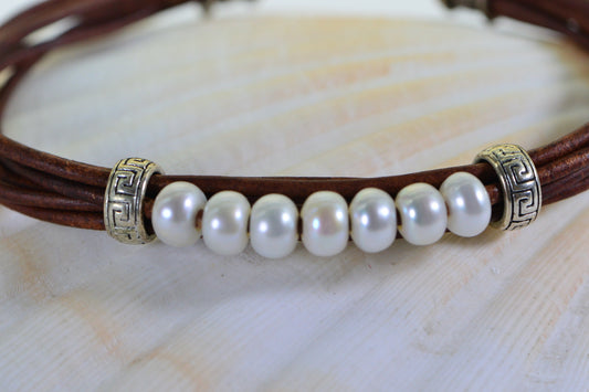 Multi Strand Leather Bracelet: Freshwater Pearl & Sterling Silver