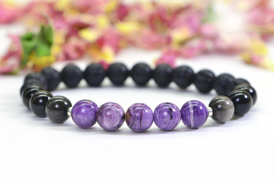 Charoite Bracelet: Silver Obsidian & Black Lava, Round Gemstone