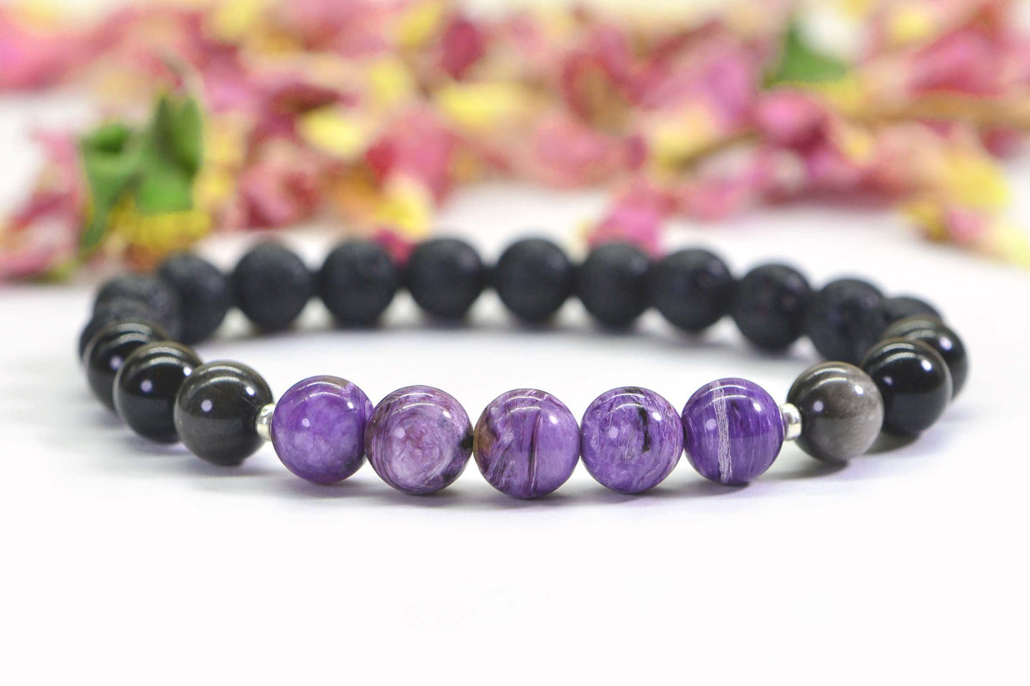 Charoite Bracelet: Silver Obsidian & Black Lava, Round Gemstone