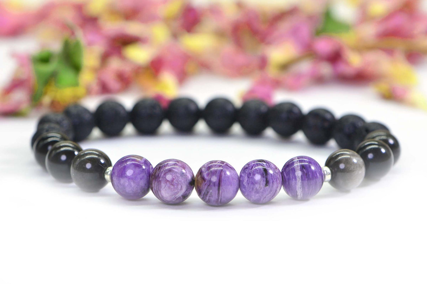 Charoite Bracelet: Silver Obsidian & Black Lava, Round Gemstone