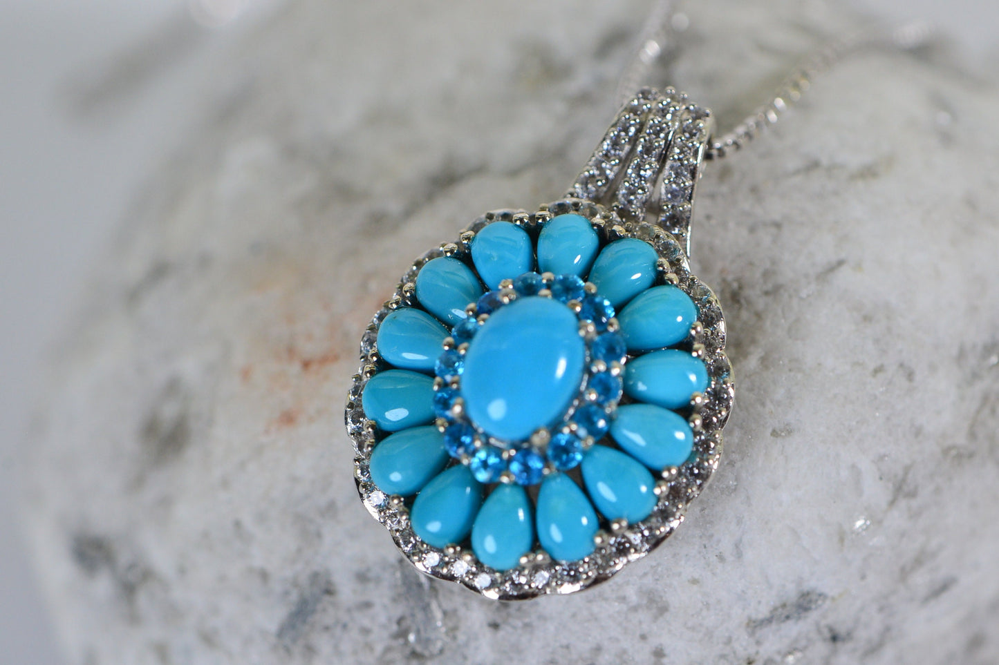 Sleeping Beauty Turquoise Flower Pendant, Neon Apatite Halo, Sterling Silver