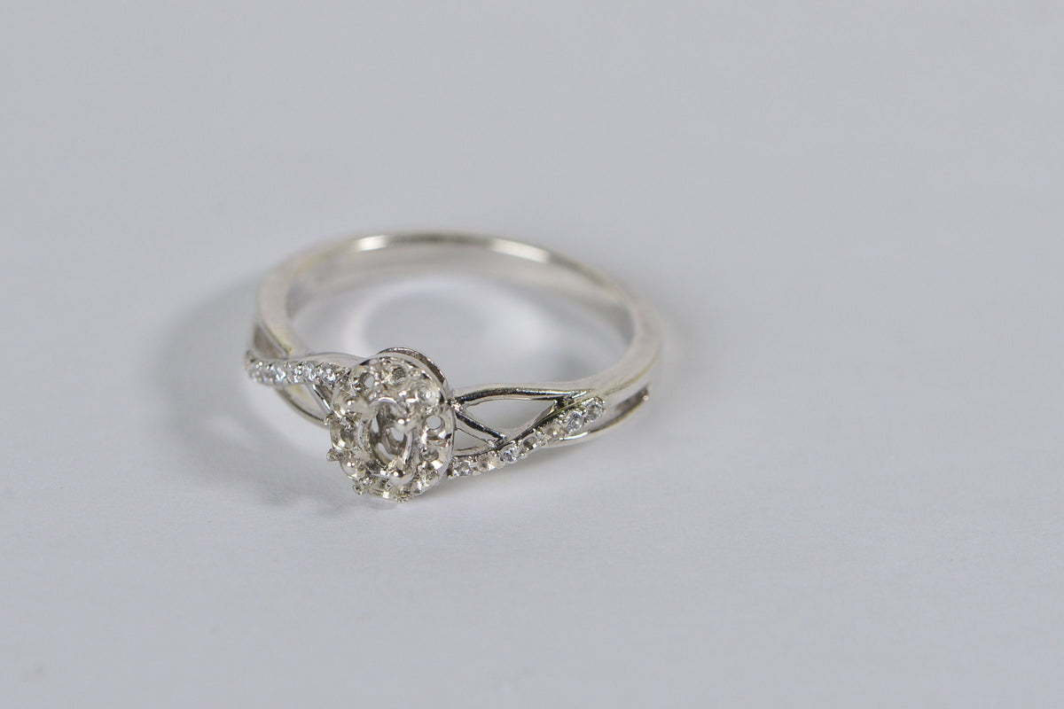 Sterling Silver Halo Ring Setting: Oval Cut, 4-Prong, Size 8