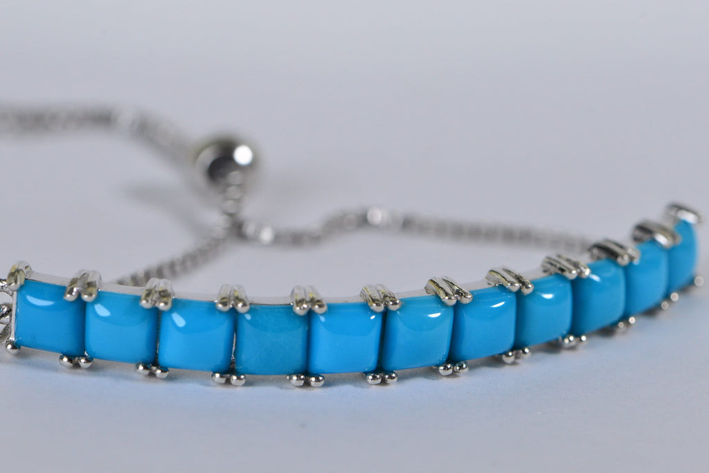 Sleeping Beauty Turquoise Bracelet: Sterling Silver Adjustable Bolo, Cushion Cut