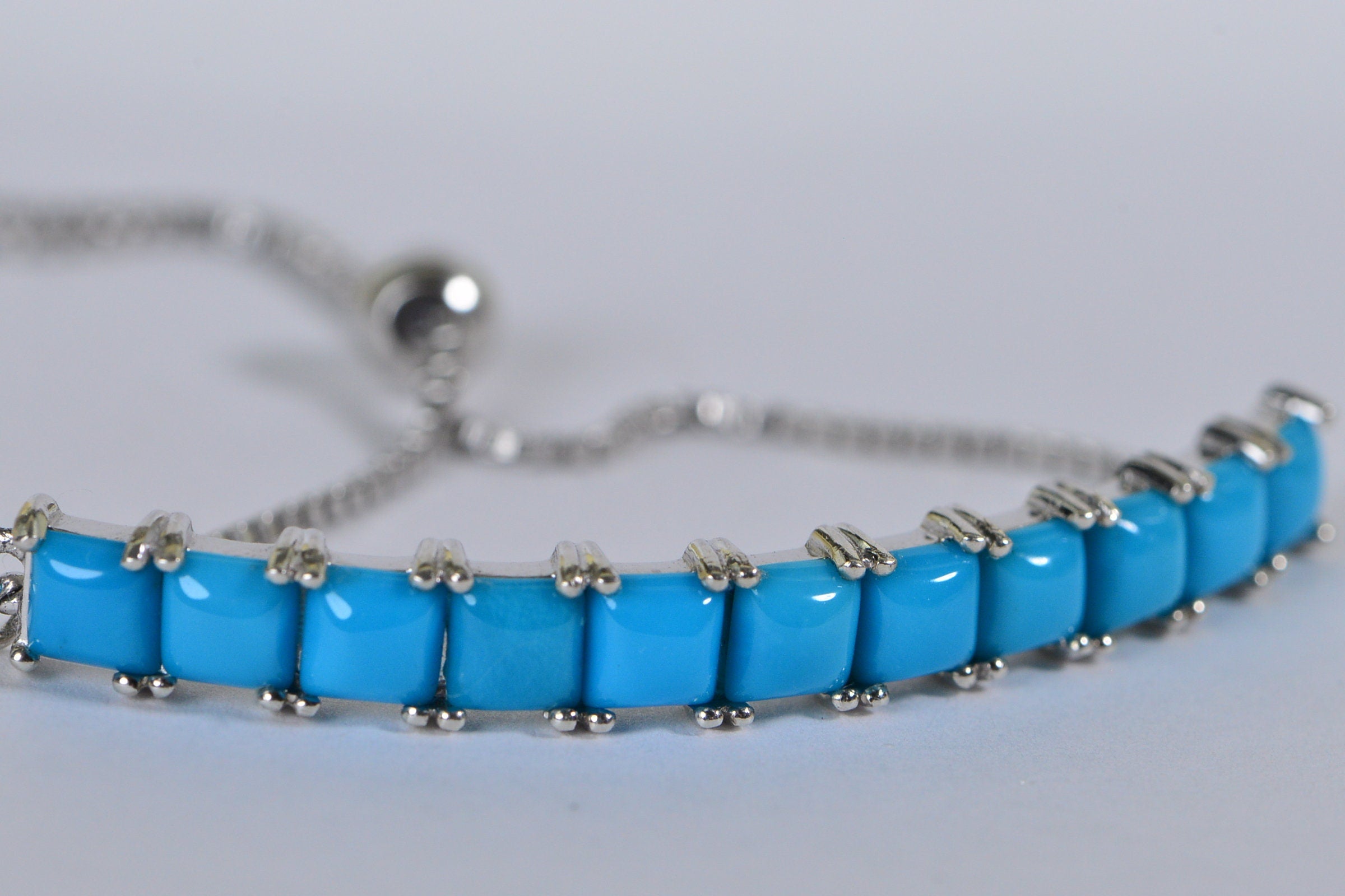 Sleeping Beauty Turquoise Bracelet: Sterling Silver Adjustable Bolo, Cushion Cut
