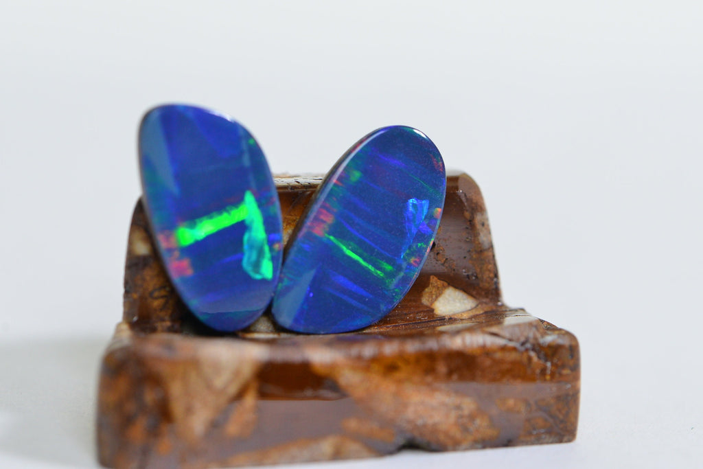 4.85ct Black Opal Doublet Cabochons: Asymmetric Australian Gemstone Pair