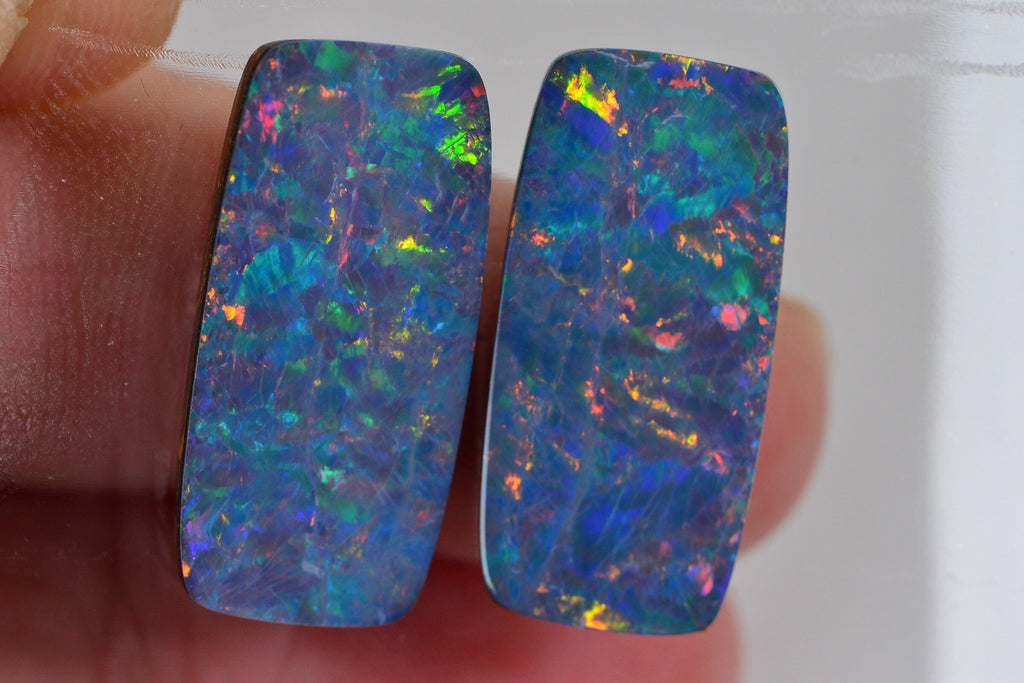 Australian Black Opal Doublet Pair: Metallic Rainbow Rectangle Cabochons