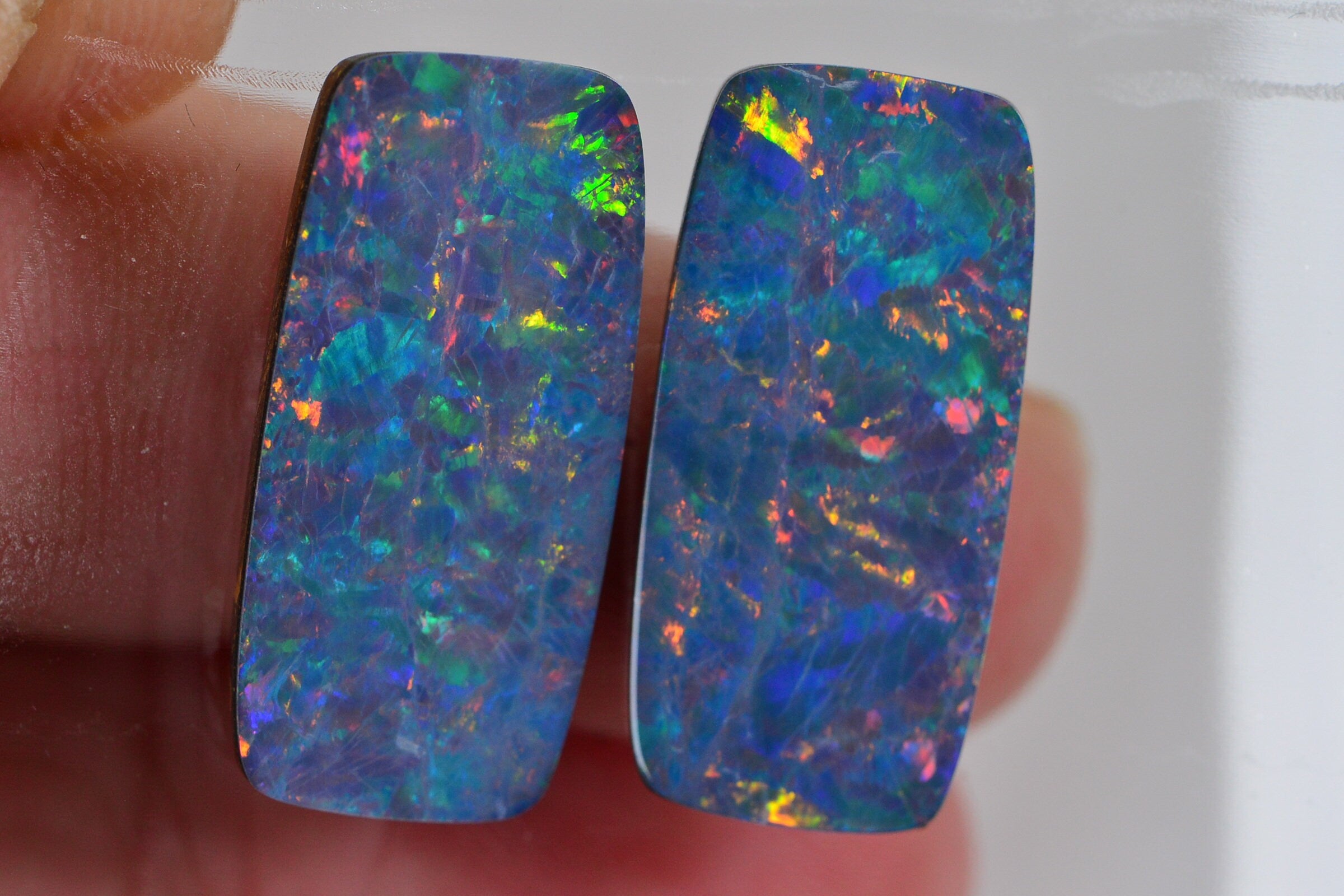 Australian Black Opal Doublet Pair: Metallic Rainbow Rectangle Cabochons