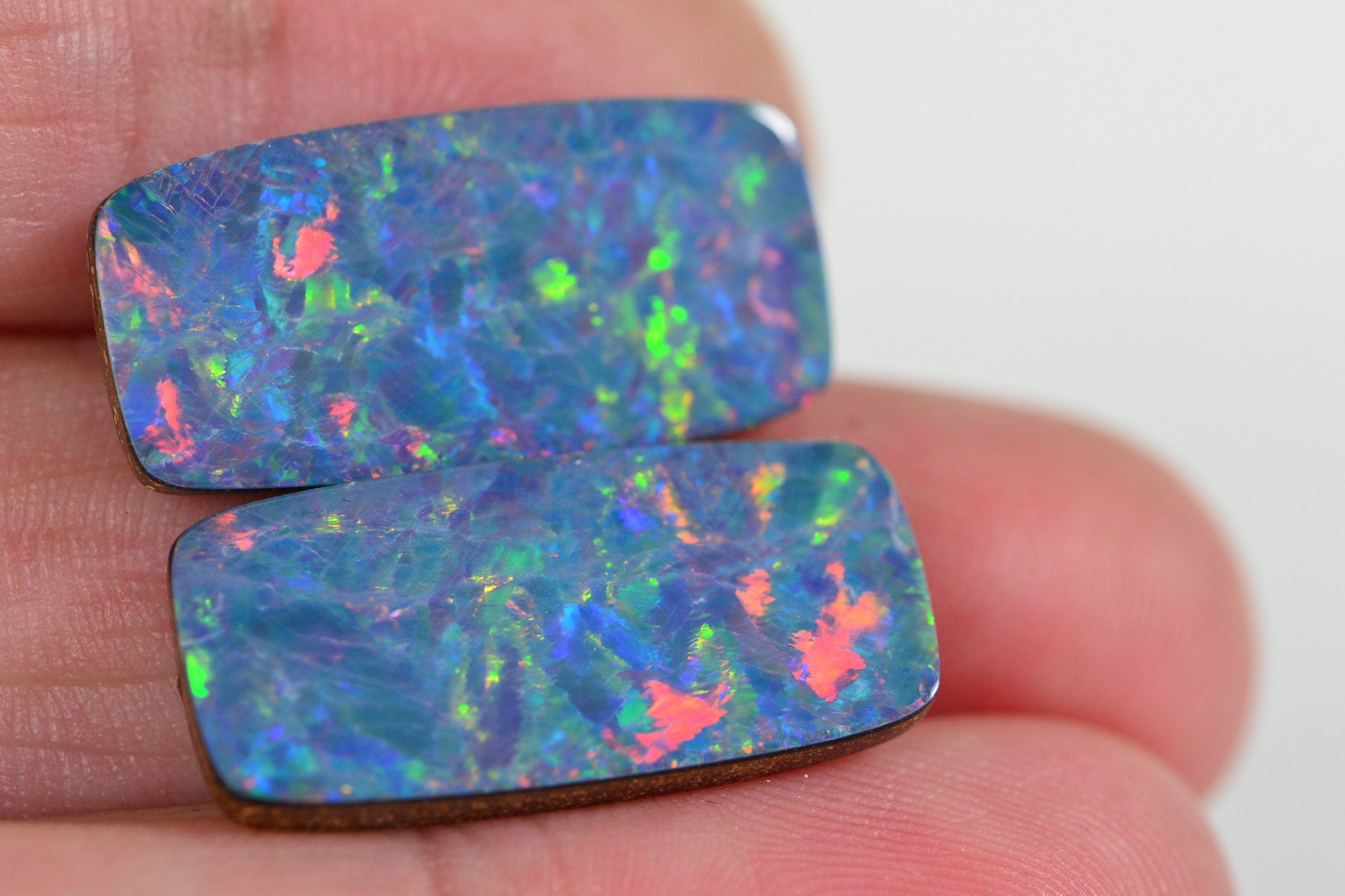 Australian Black Opal Doublet Pair: Metallic Rainbow Rectangle Cabochons
