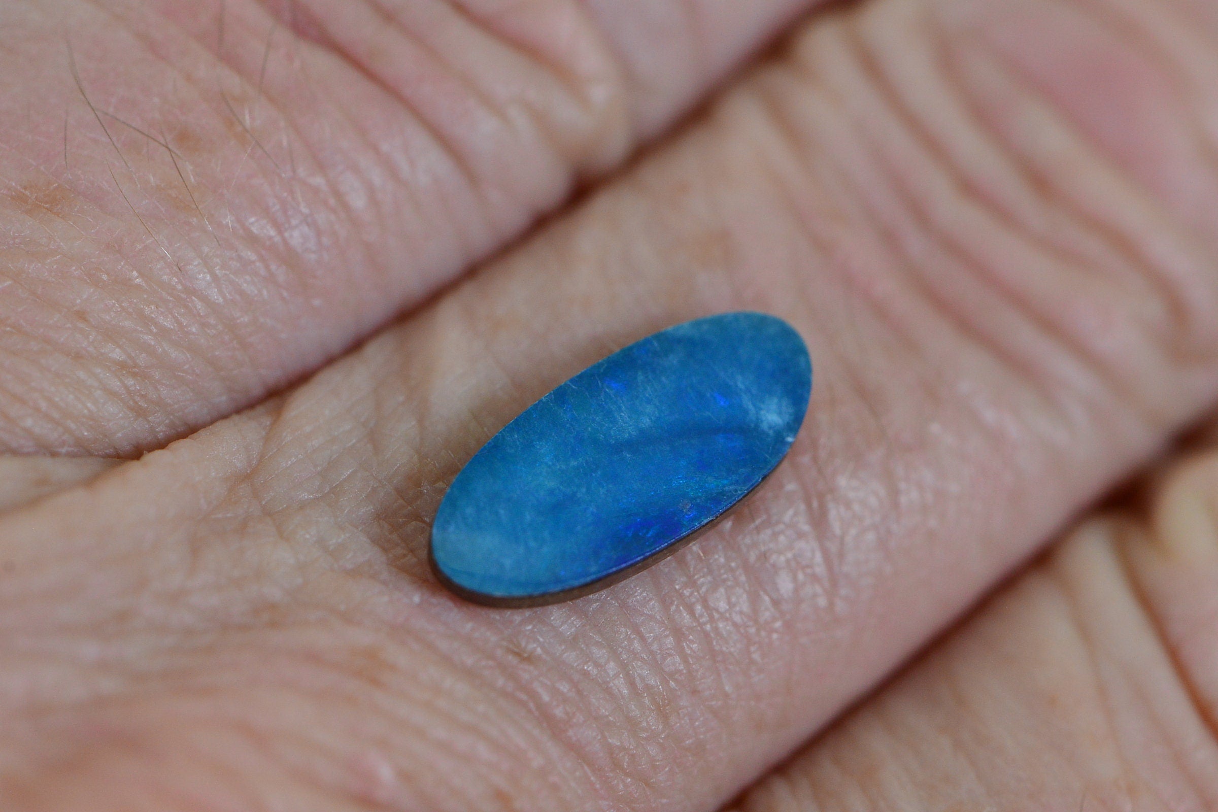 Blue Australian Opal Doublet Cabochon: Broad Flash Gemstone (14.8X6.3x2mm)