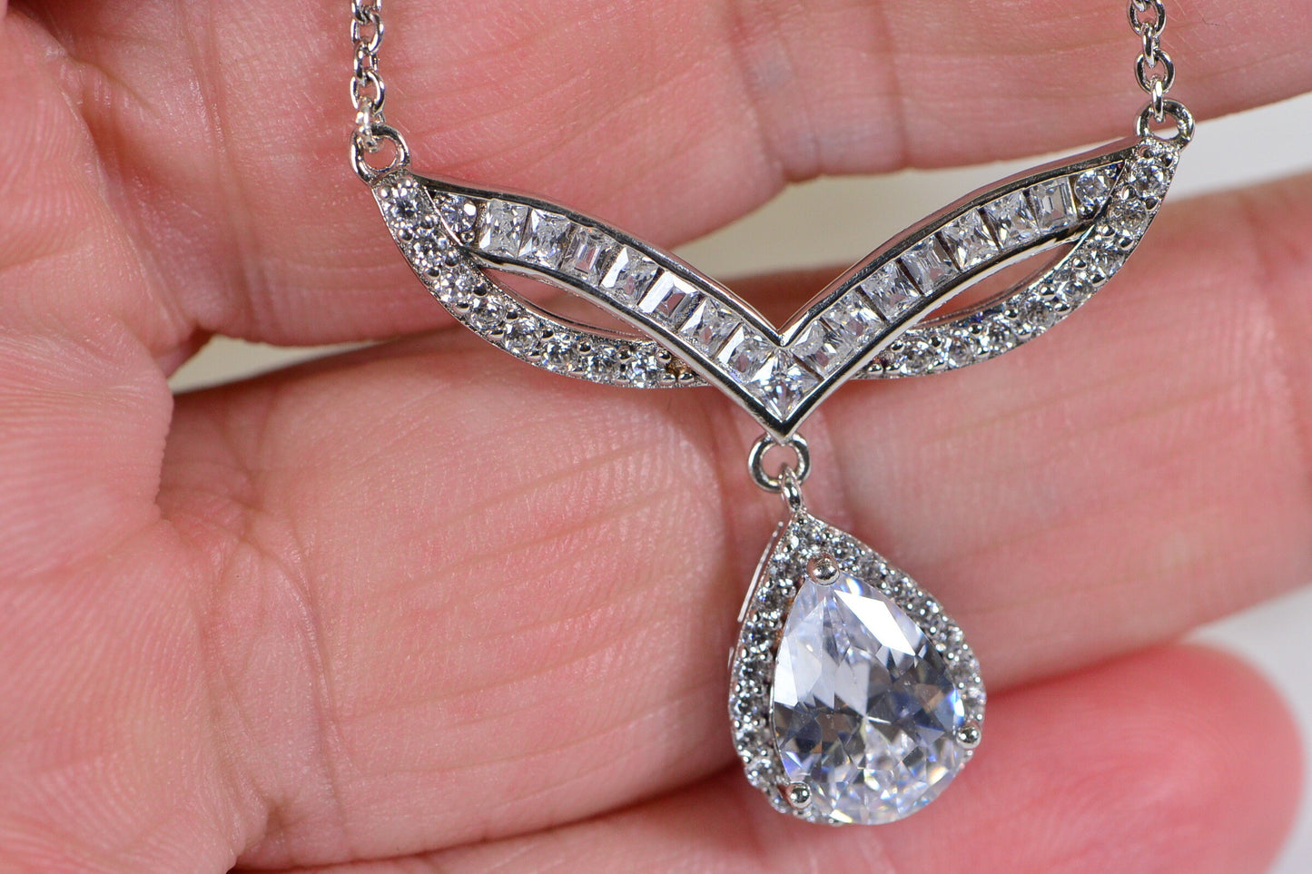 Teardrop Cubic Zirconia Necklace: Sterling Silver Bridal Lariat