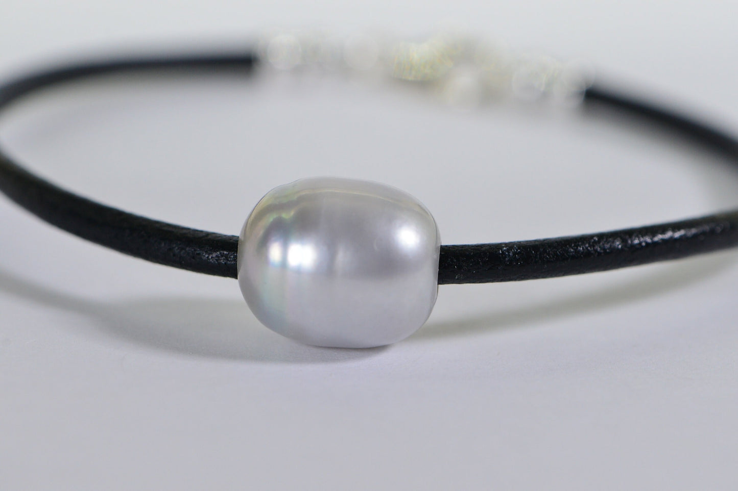 Gray Pearl Bracelet: 3mm Black Leather Cord, Sterling Silver Clasp