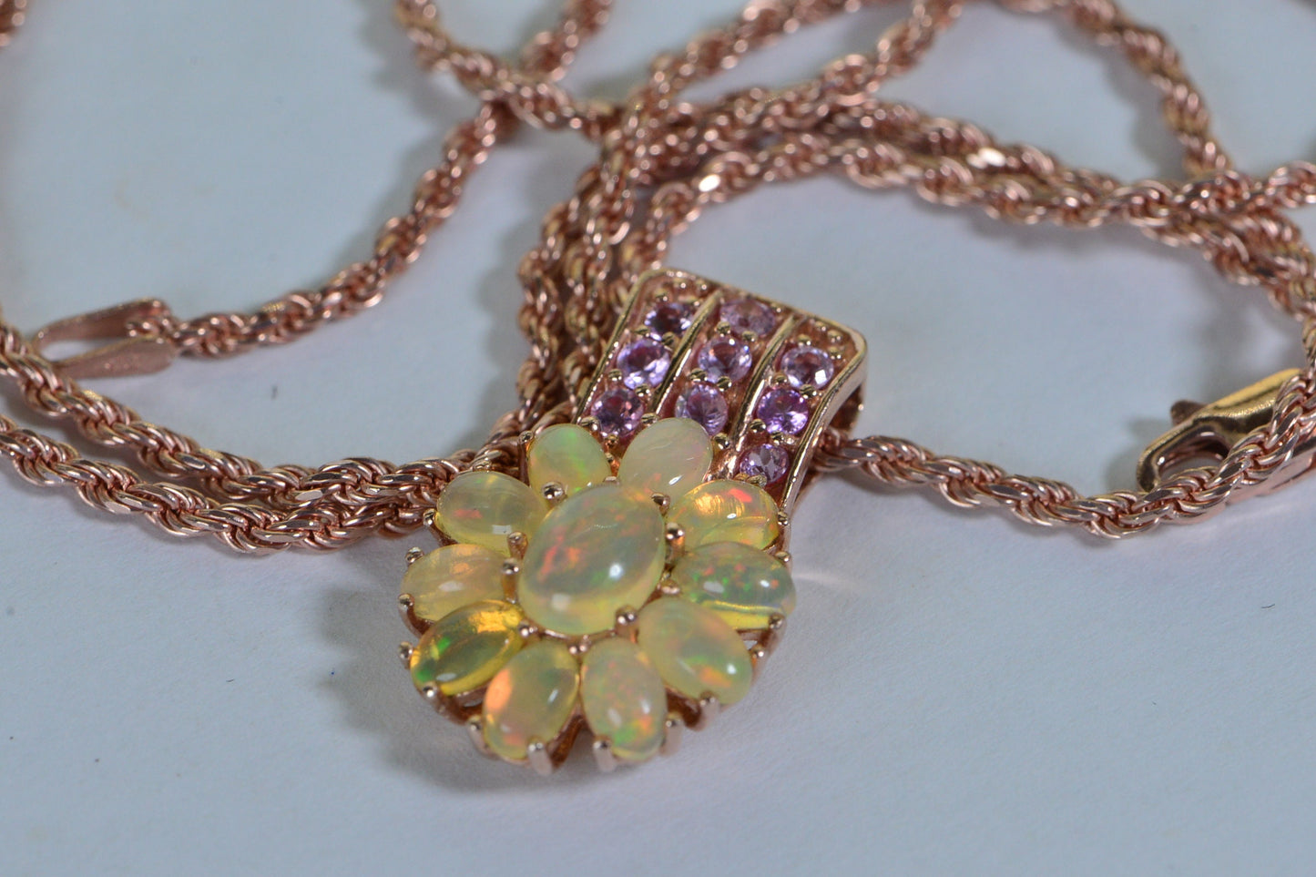 Rose Gold Ethiopian Opal Flower Pendant Necklace, Pink Topaz Accent