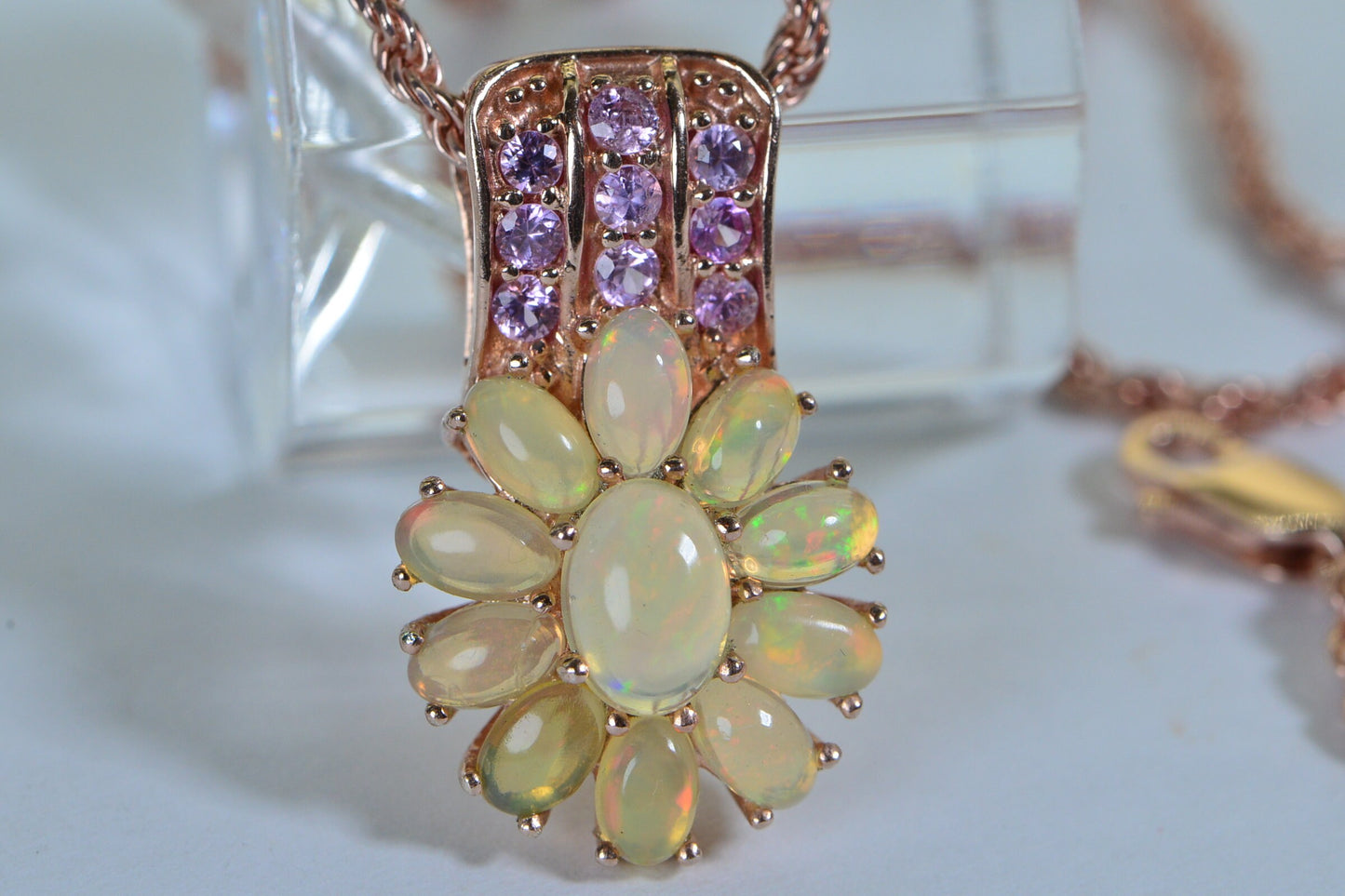 Rose Gold Ethiopian Opal Flower Pendant Necklace, Pink Topaz Accent