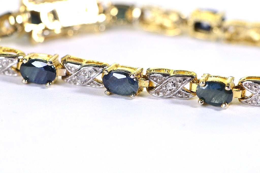 Vintage Green Sapphire Diamond Tennis Bracelet: 14K Gold Over Sterling Silver