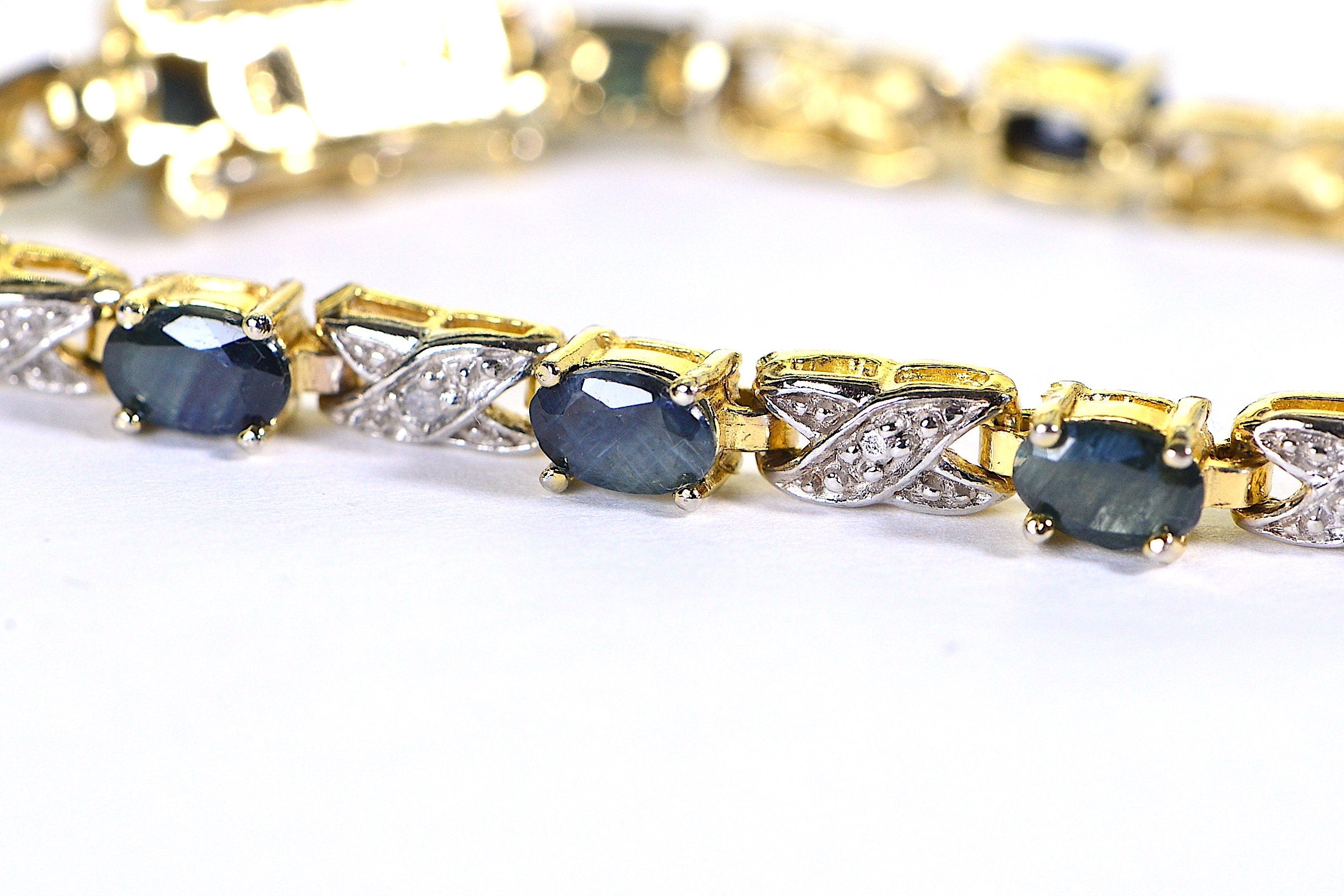 Vintage Green Sapphire Diamond Tennis Bracelet: 14K Gold Over Sterling Silver