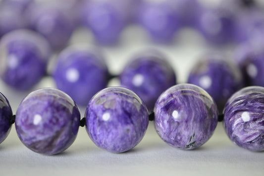 Russian Charoite 14mm Round Beads Knotted on Black Silk Cord 22 inch Necklace Sterling Silver Large Beads Necklace Purple Gemstone
