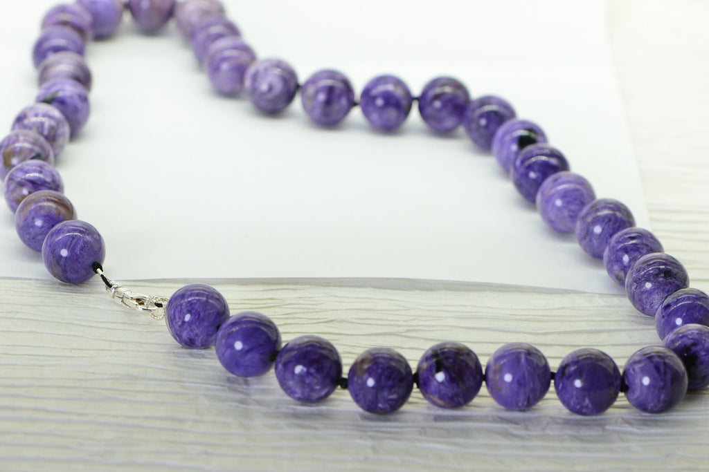 Russian Charoite 14mm Round Beads Knotted on Black Silk Cord 22 inch Necklace Sterling Silver Large Beads Necklace Purple Gemstone