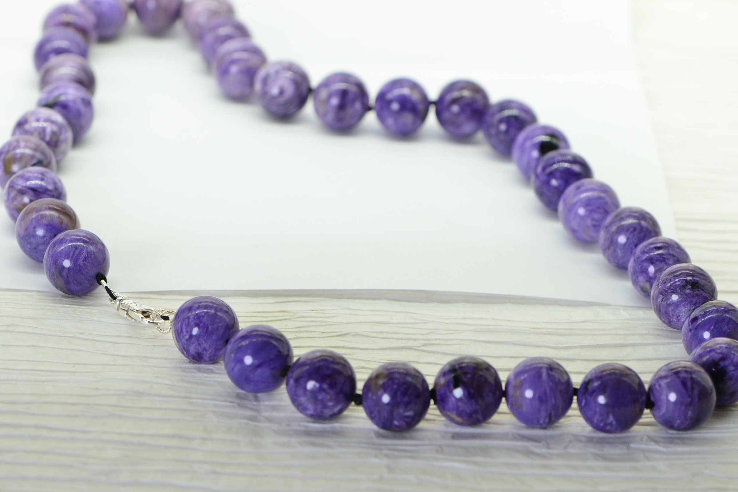Russian Charoite 14mm Round Beads Knotted on Black Silk Cord 22 inch Necklace Sterling Silver Large Beads Necklace Purple Gemstone
