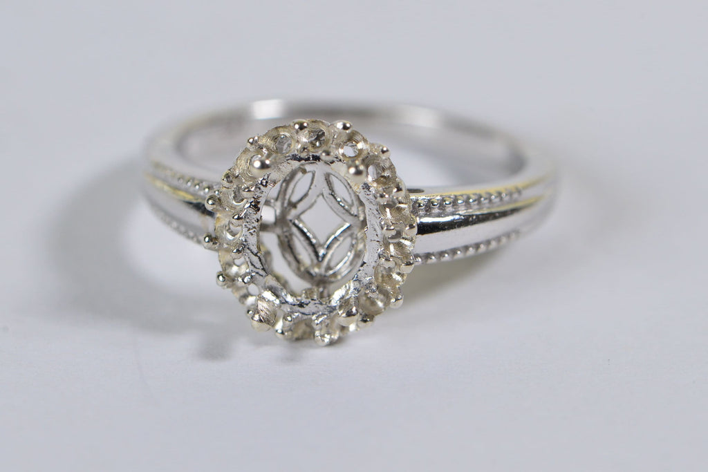 Sterling Silver Halo Ring Blank: Oval Prong Setting, Size 9 US