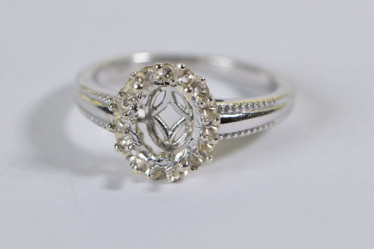 Sterling Silver Halo Ring Blank: Oval Prong Setting, Size 9 US