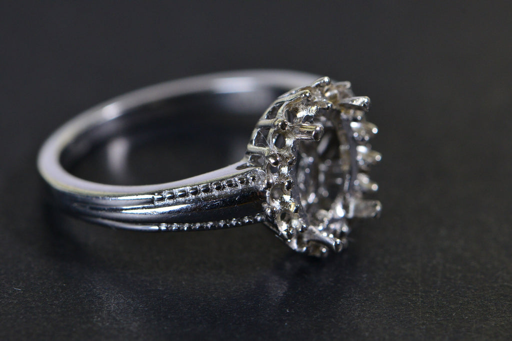 Sterling Silver Halo Ring Blank: Oval Prong Setting, Size 9 US