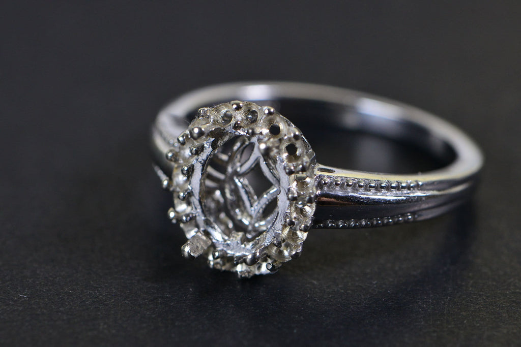 Sterling Silver Halo Ring Blank: Oval Prong Setting, Size 9 US
