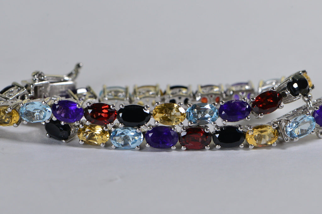 Multi-Gemstone Tennis Bracelet: Black Tourmaline, Garnet, Citrine, Amethyst, Sterling Silver
