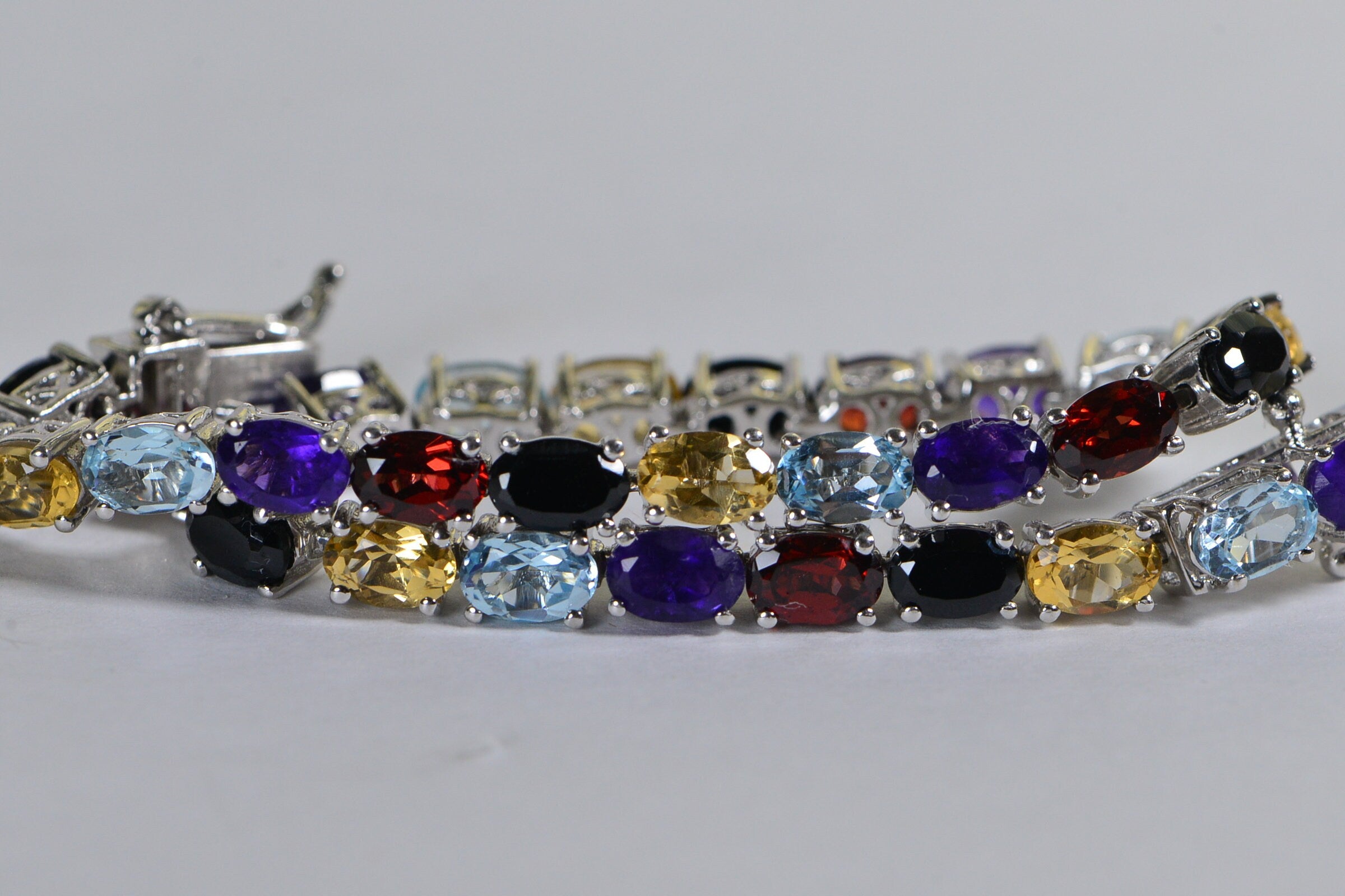Multi-Gemstone Tennis Bracelet: Black Tourmaline, Garnet, Citrine, Amethyst, Sterling Silver