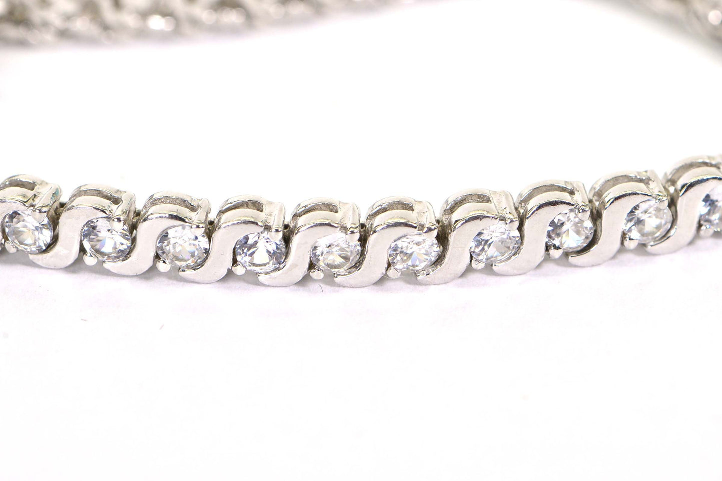 Cubic Zirconia Tennis Bracelet: Sterling Silver Heart Charm, Vintage Estate Jewelry