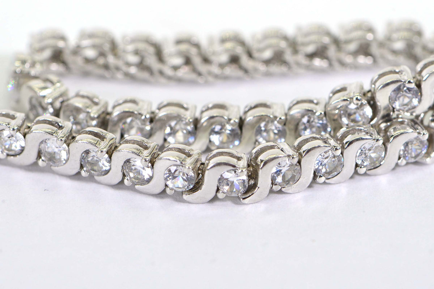 Cubic Zirconia Tennis Bracelet: Sterling Silver Heart Charm, Vintage Estate Jewelry