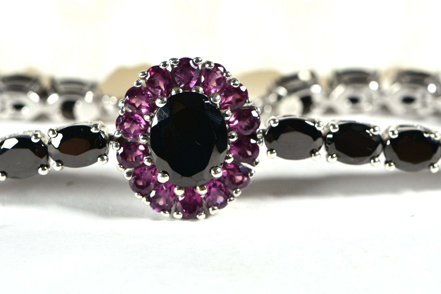 Black Spinel & Purple Garnet Tennis Bracelet - Sterling Silver Flower Gemstone