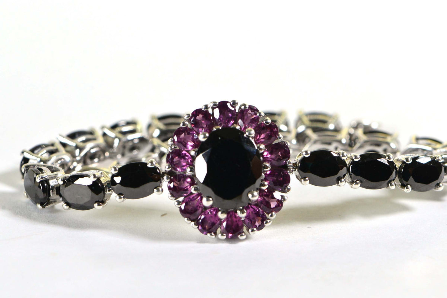 Black Spinel & Purple Garnet Tennis Bracelet - Sterling Silver Flower Gemstone