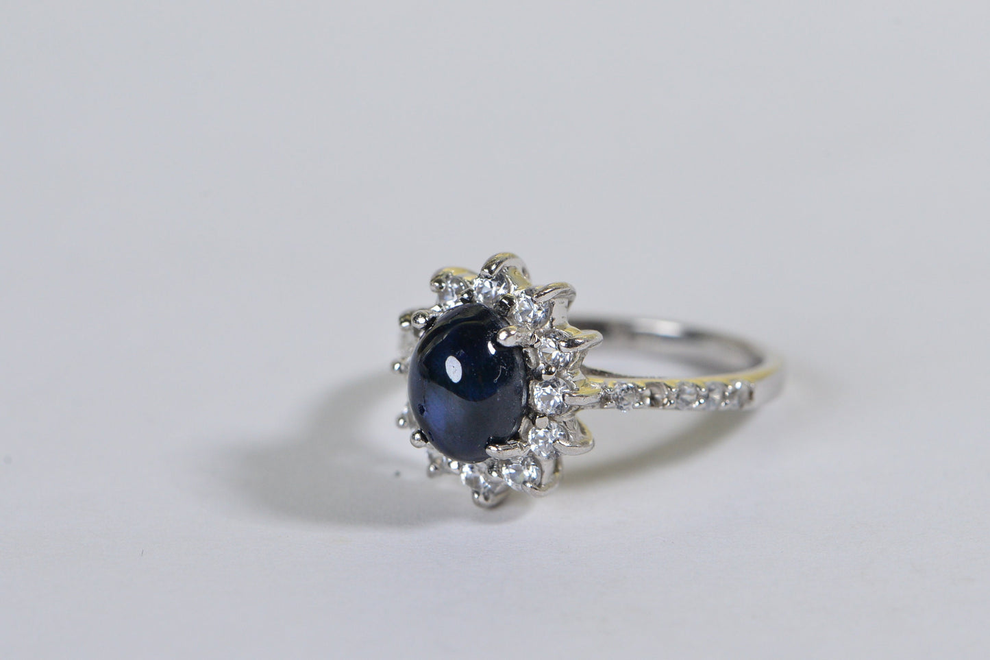 Thai Blue Star Sapphire Ring: Sterling Silver Sunburst Halo, Moissanite