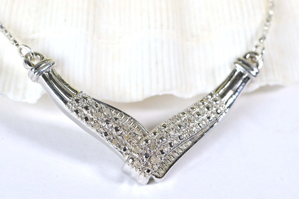 Natural Diamond Necklace V Shape Bar Sterling Silver Choker Gift for Wife
