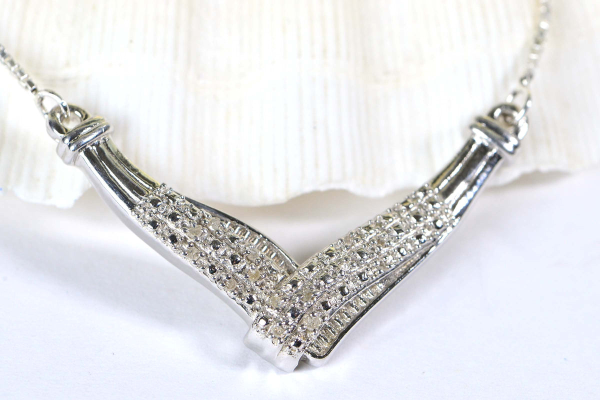 Natural Diamond Necklace V Shape Bar Sterling Silver Choker Gift for Wife