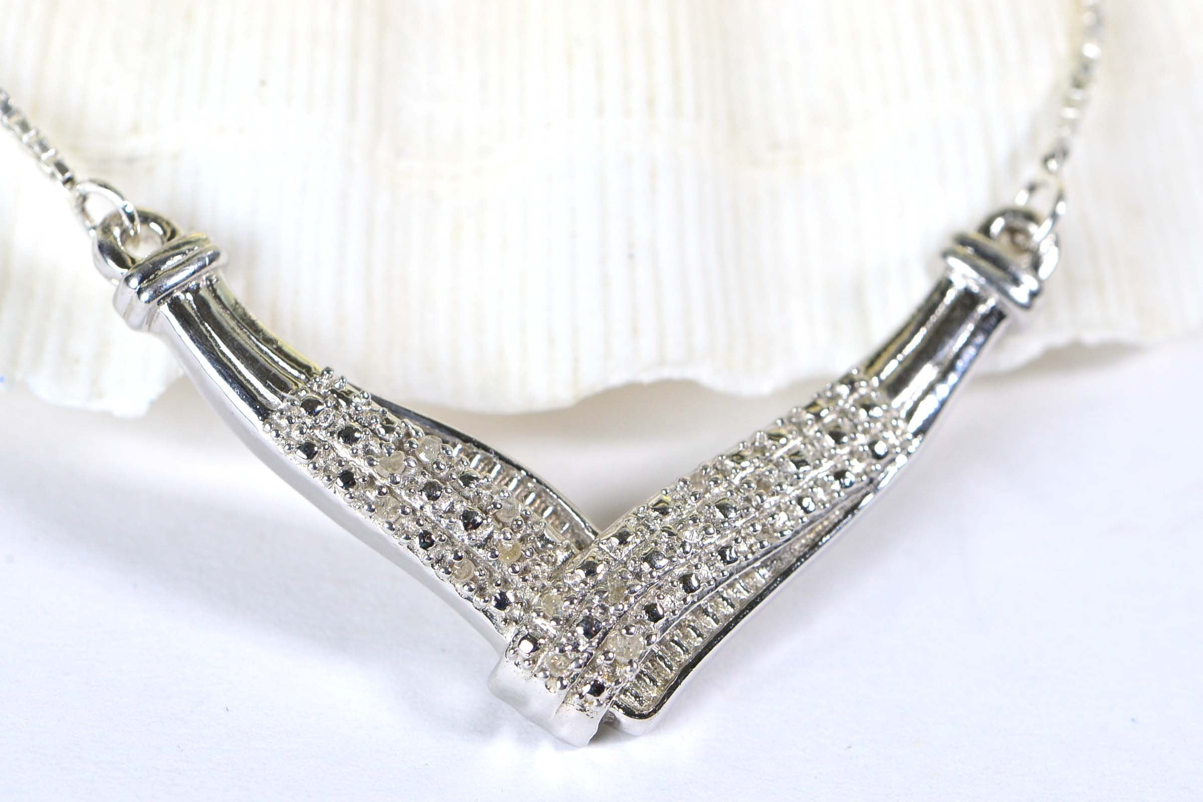 Natural Diamond Necklace V Shape Bar Sterling Silver Choker Gift for Wife