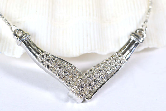 Natural Diamond Necklace V Shape Bar Sterling Silver Choker Gift for Wife
