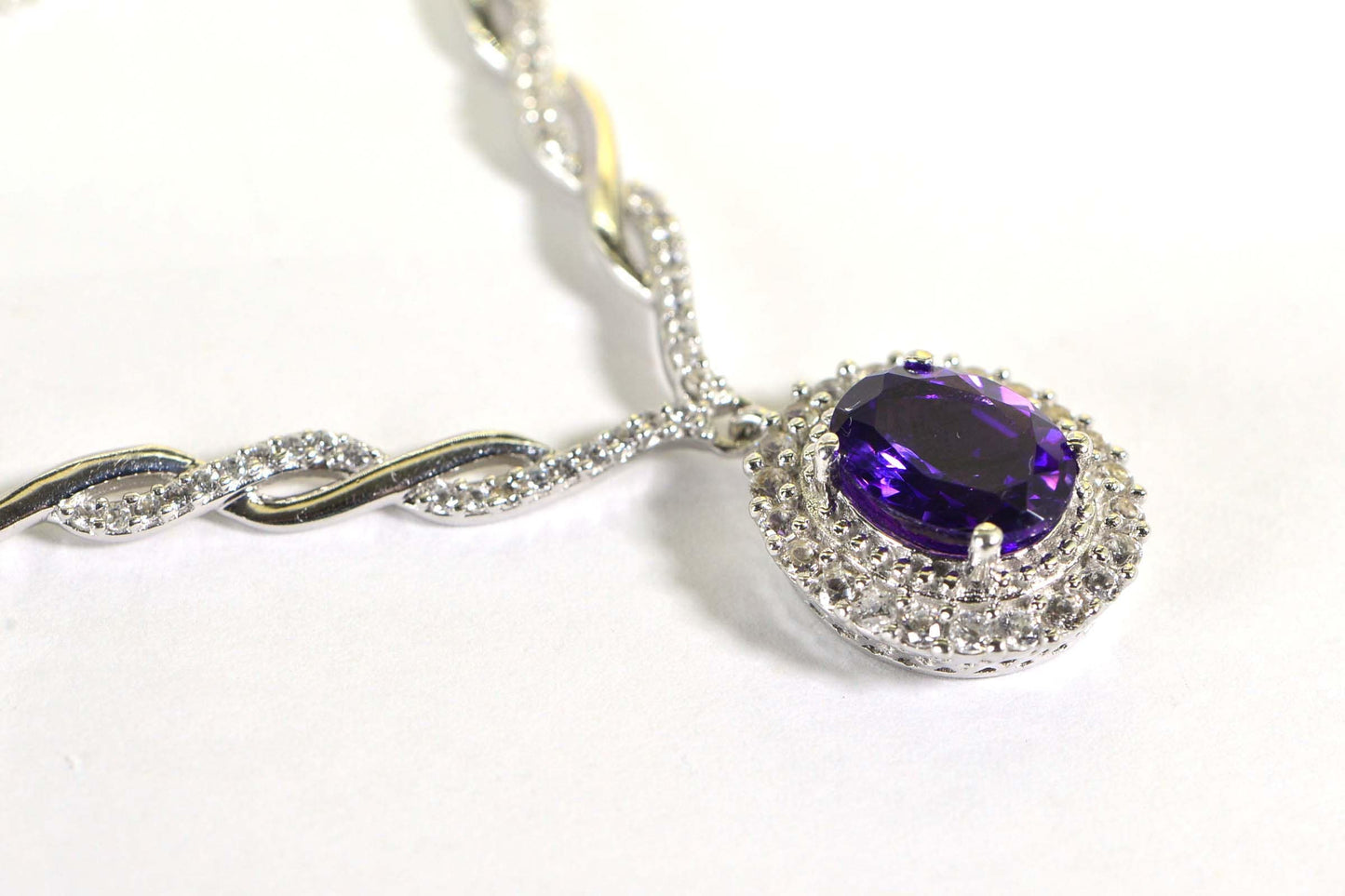 Amethyst  Halo diamond Choker Sterling Silver Statement Necklace Prom Wedding Crystal Purple Pendant