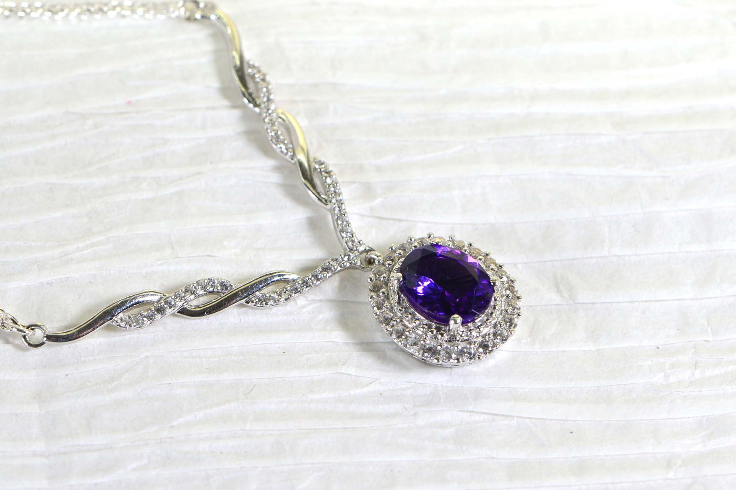 Amethyst  Halo diamond Choker Sterling Silver Statement Necklace Prom Wedding Crystal Purple Pendant